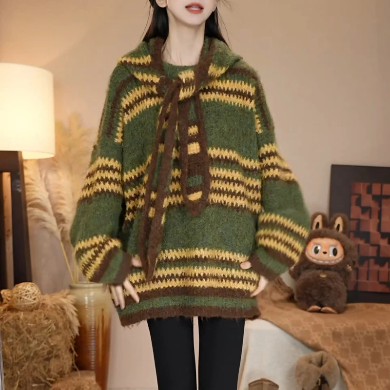 撞色设计感长袖针织衫女2025冬季新款时尚减龄潮流慵懒感甜美上衣