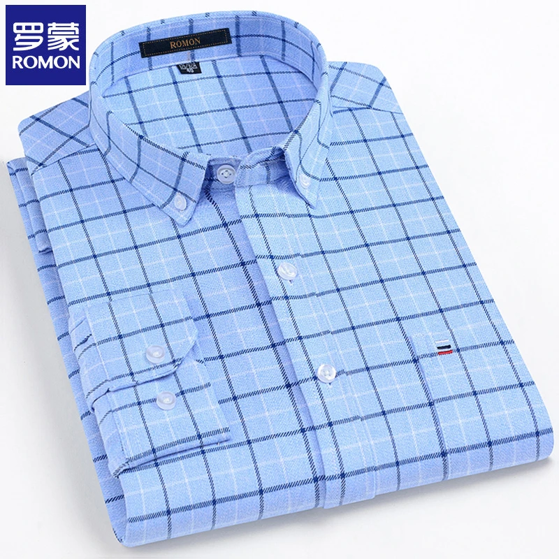罗蒙新款纯棉磨毛长袖衬衣男士宽松大码春秋外穿商务休闲格子衬衫