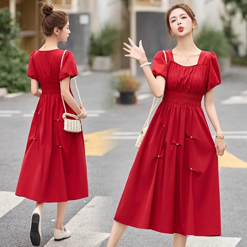 气质法式大红色2025夏赫本连衣裙韩版女装夏装中长款夏季女