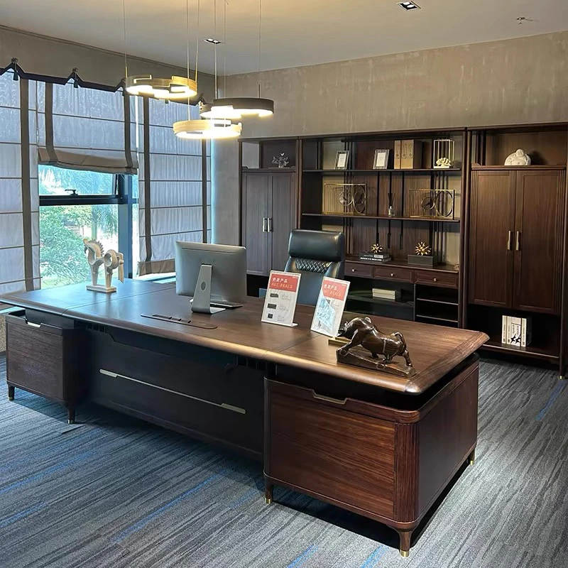 新中式实木办公桌椅组合老板桌大班台乌金木总裁室黑胡桃家具定制