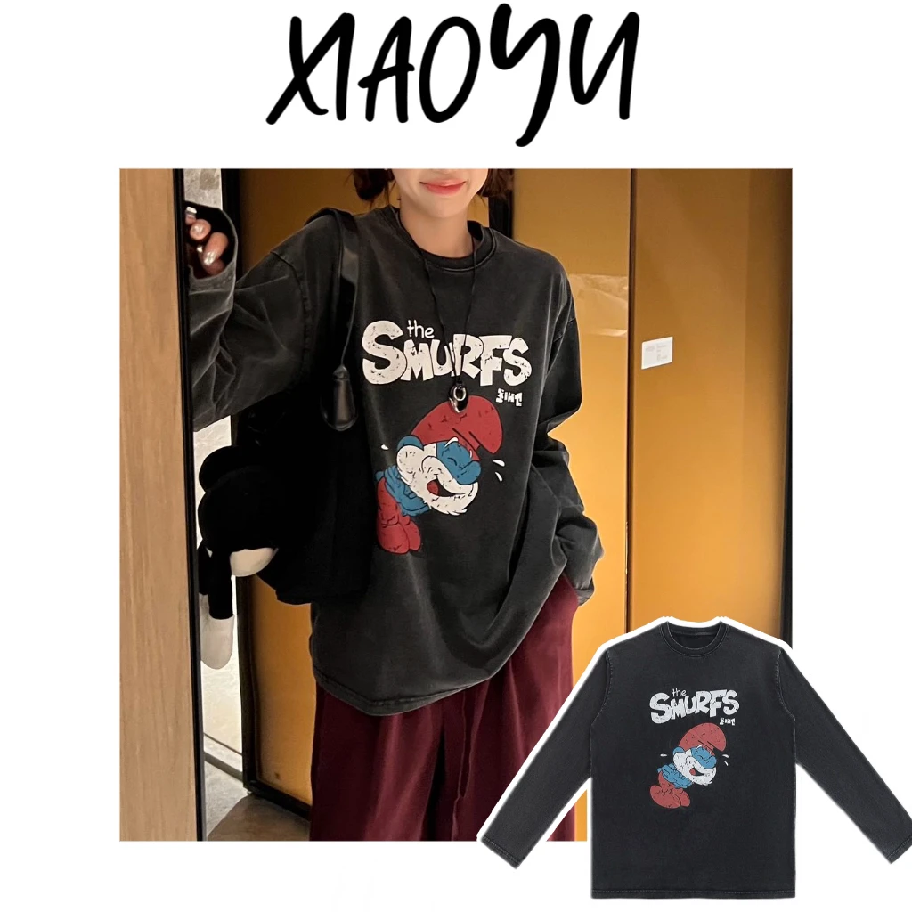 【蓝爸爸】S韩单重工炒雪花蓝精灵长袖T恤百搭显瘦长袖打底衫女