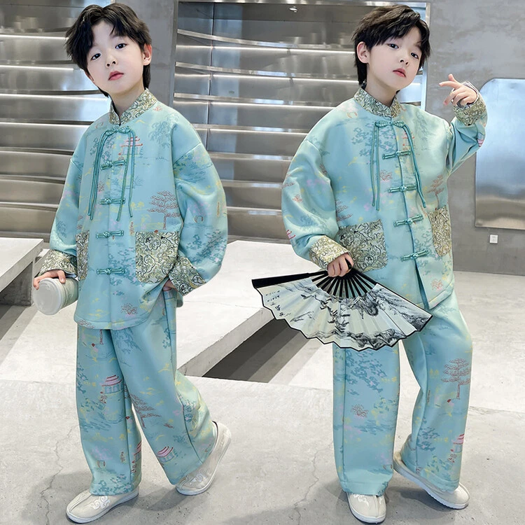 秋冬中式春装套装秋季2025新款绿色春季唐装男孩中大童春秋款潮