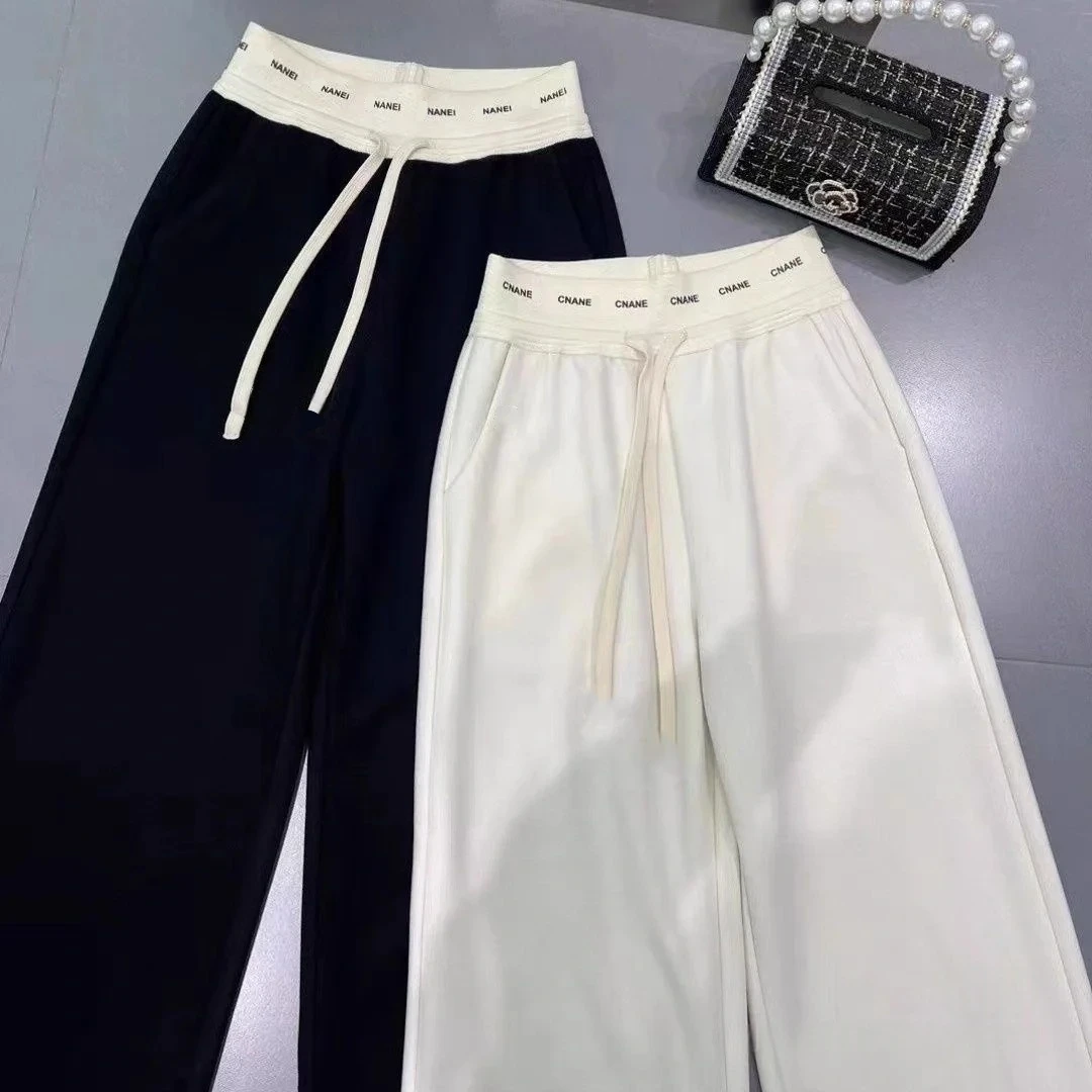 纯色休闲裤印花抽绳卫裤直筒常规版字母阔腿裤薄款-69062