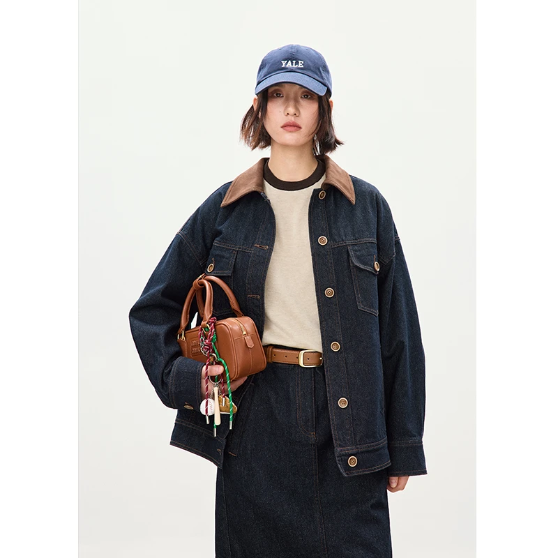 鲸乎巴恩风撞色翻领牛仔外套女2025秋冬新款复古通勤夹克上衣