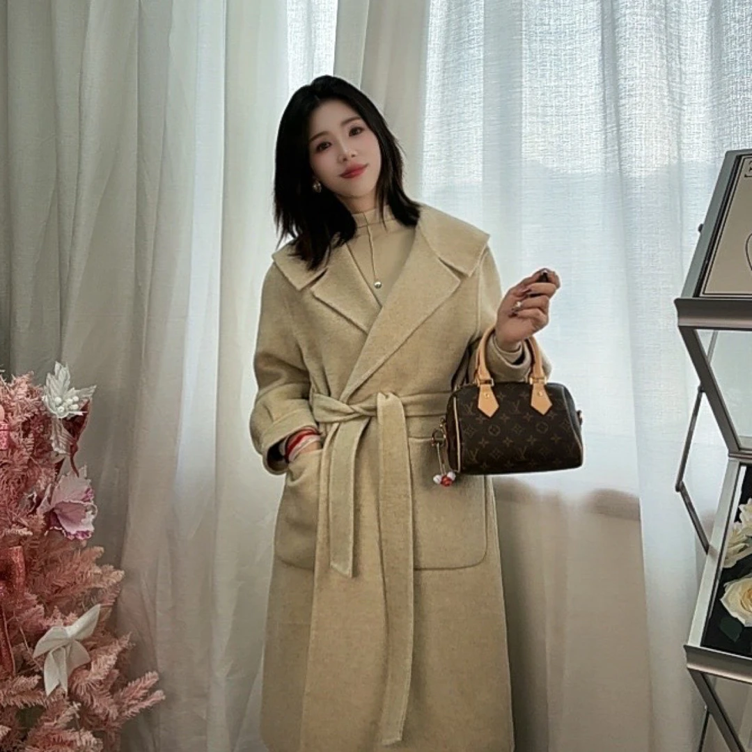 高端时尚秋冬双面过膝中长款女式羊毛大衣