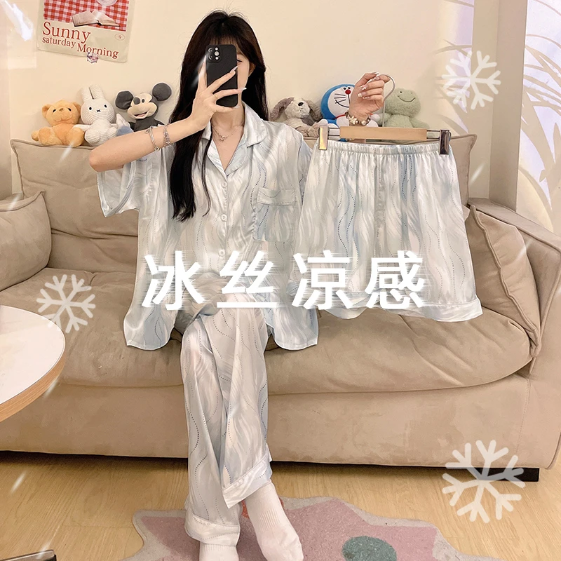 可外出睡衣女夏家居服甜美学生短袖简约2025年新款高级冰丝三件套