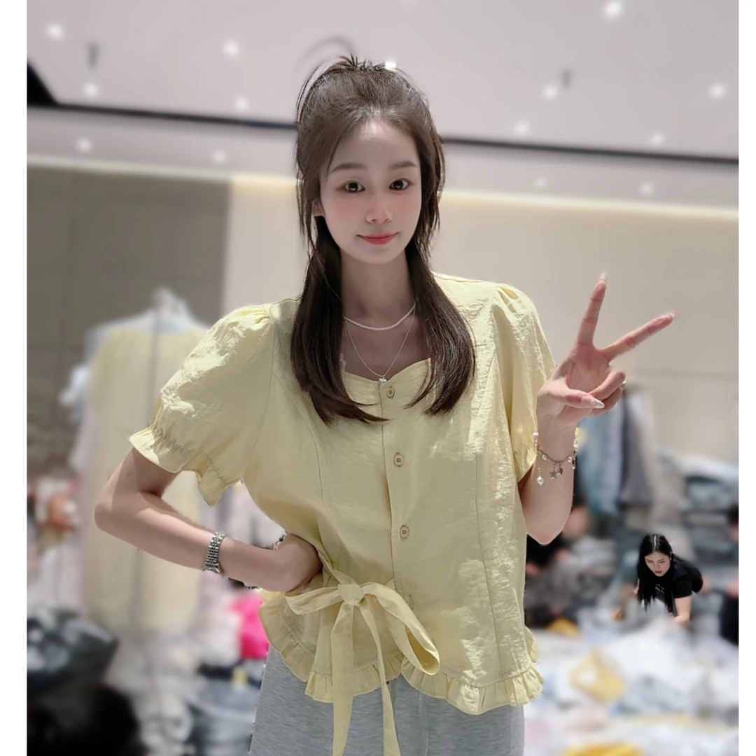 【三懿服饰】夏季短袖简约时尚方领斜腰收腰款纯色别致上衣-667