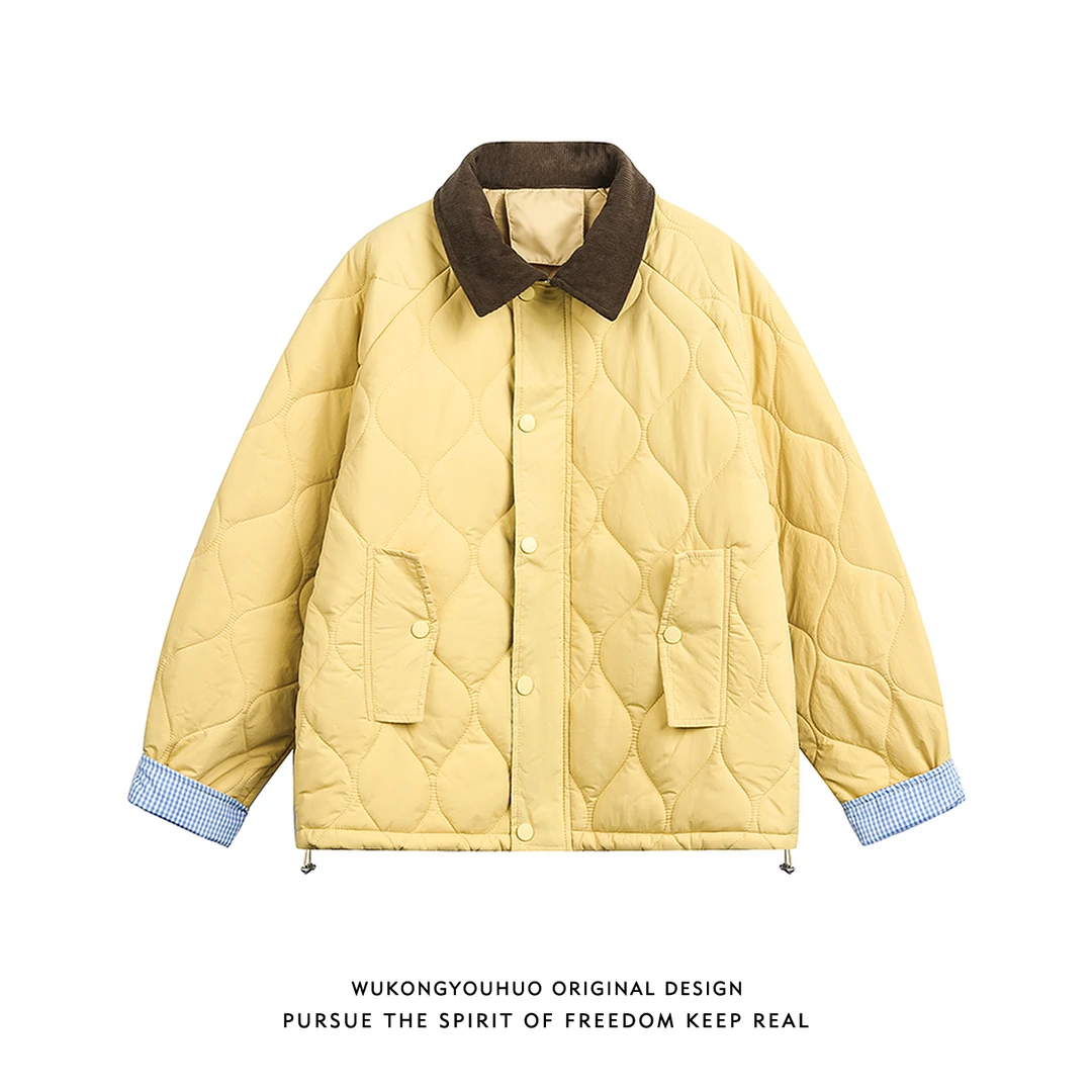 悟空有货复古潮牌菱格撞色翻领棉衣男女冬季情侣宽松情侣保暖棉服