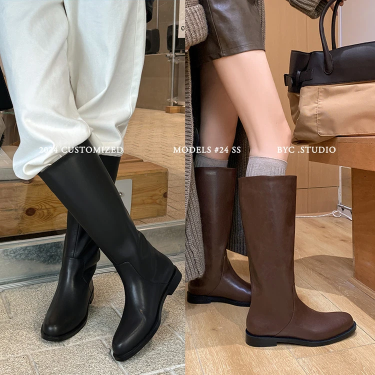 高定版~牛皮3CM粗跟黑色高筒骑士靴女英伦真皮粗腿大筒围显瘦长靴