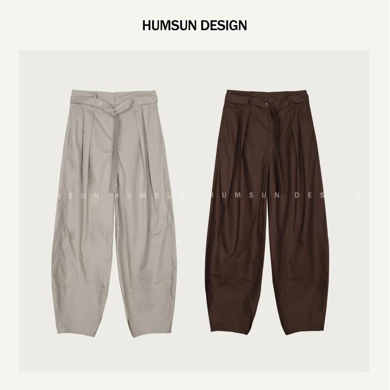 HUMSUN/禾木笙「比例裤」100棉舒柔立裁褶裥别致腰带弧形长裤 5B519