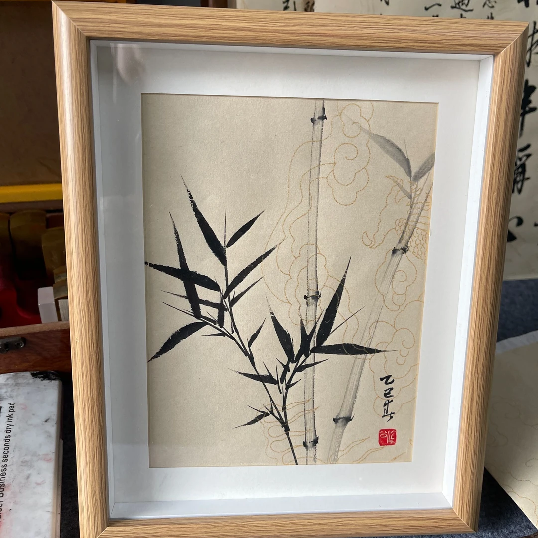 国画墨竹手绘带框