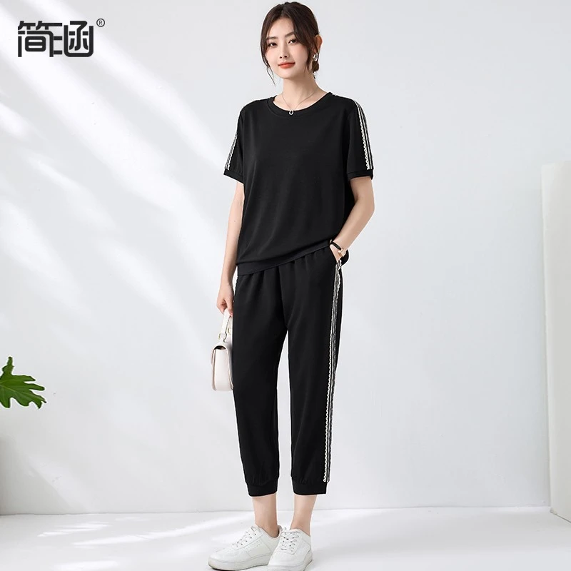 简涵凉感休闲套装女夏季新款宽松显瘦洋气减龄八分裤两件套X1582