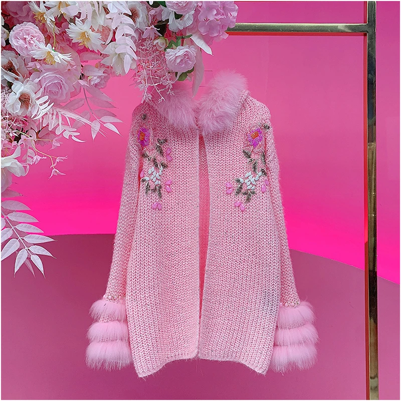 A3536欧美设计师2025冬季新款重工刺绣钉珠花拼毛针织毛衣开衫女