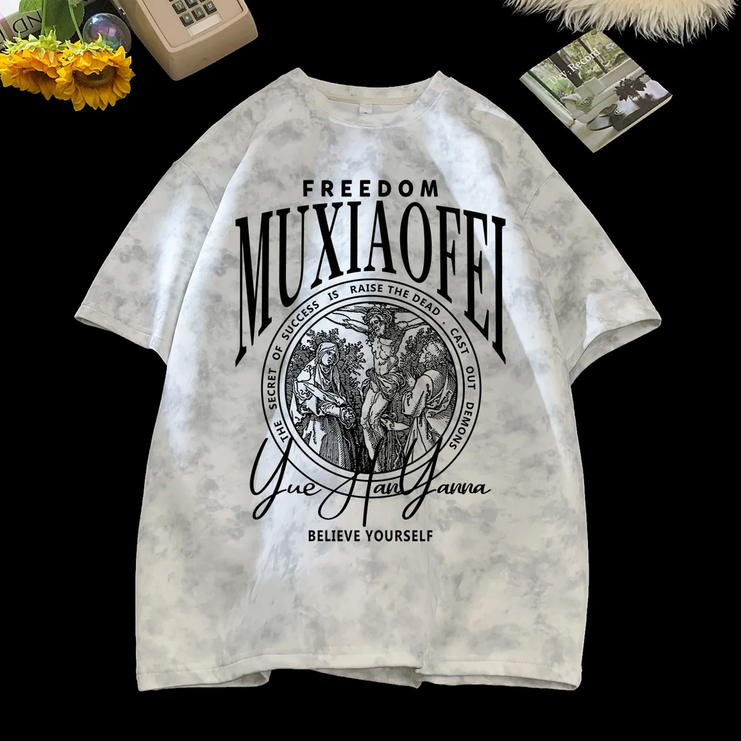 短袖夏季雪花扎染T恤休闲韩版简约宽松痞帅慵懒风男装潮牌情侣款