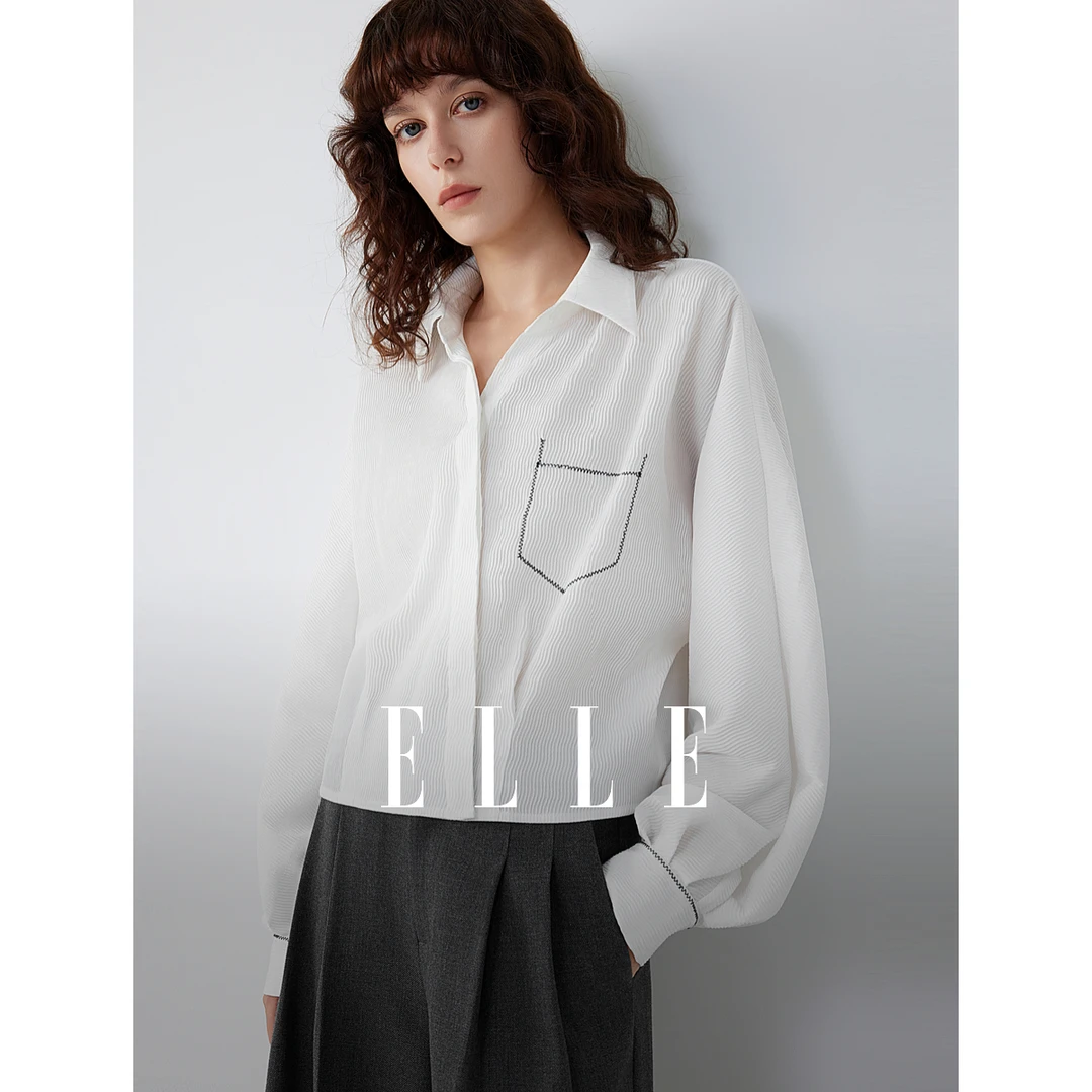 ELLE法式肌理感优雅白衬衫女2025秋季撞色设计感时髦衬衣EC52947