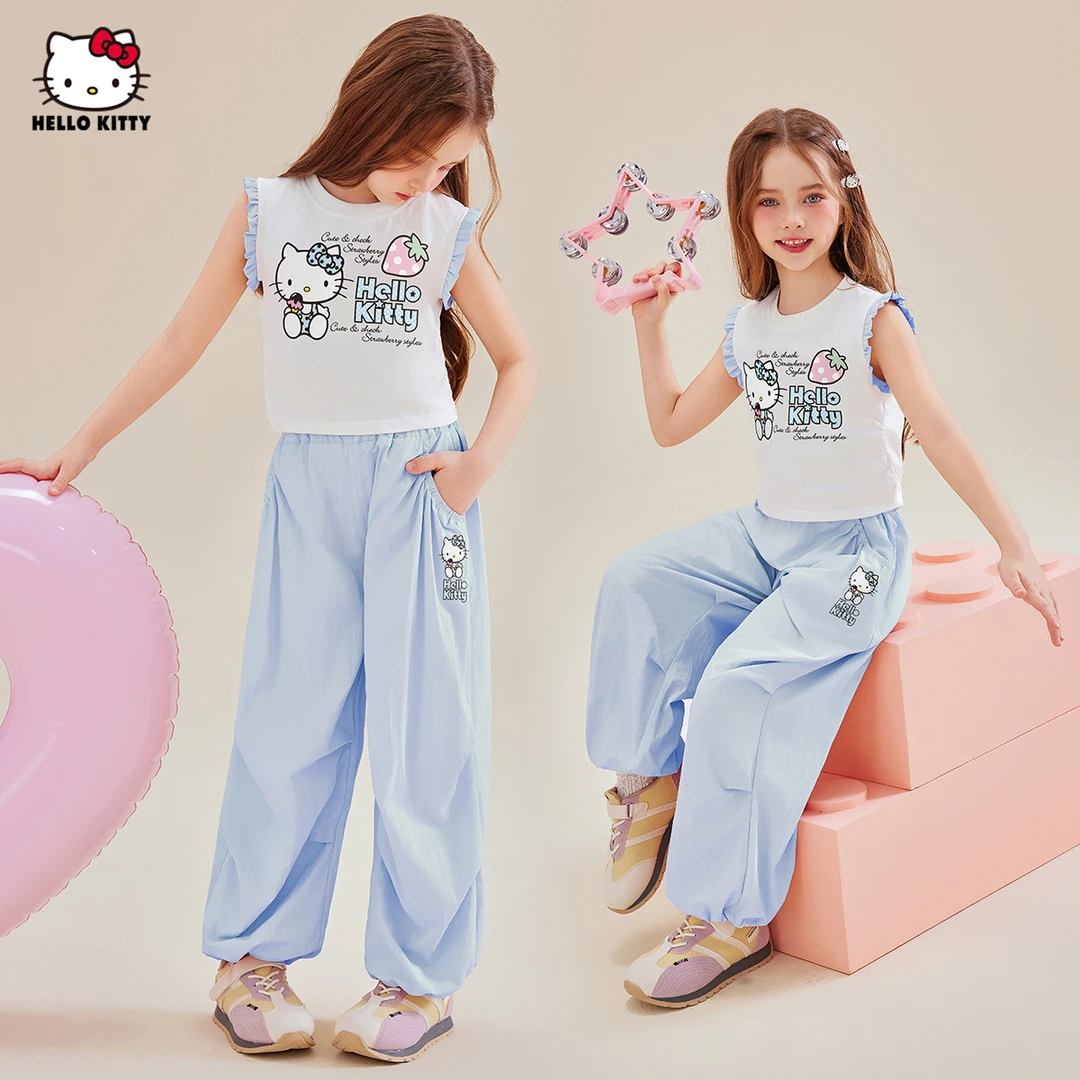 女童夏季无袖套装2025新款中大童装夏日撞色短T伞兵裤两件套