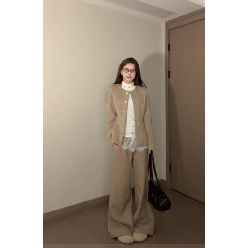 MARIE.COCO韩系穿搭小香风毛呢外套女秋冬蕾丝打底衫休闲裤三件套