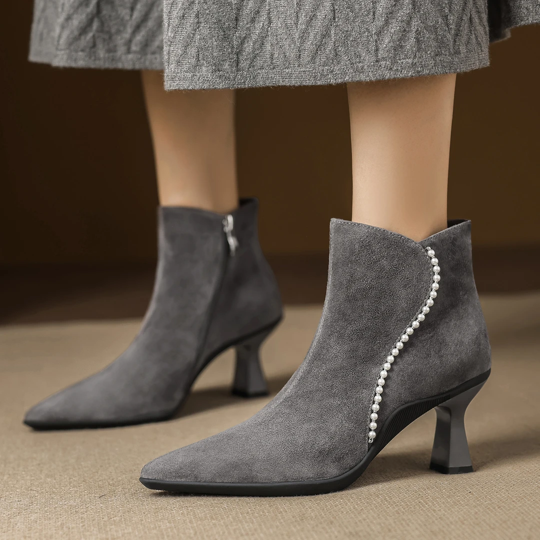 7cm灰色高跟短靴真皮气质单靴复古风靴子秋冬百搭时装靴气质细跟