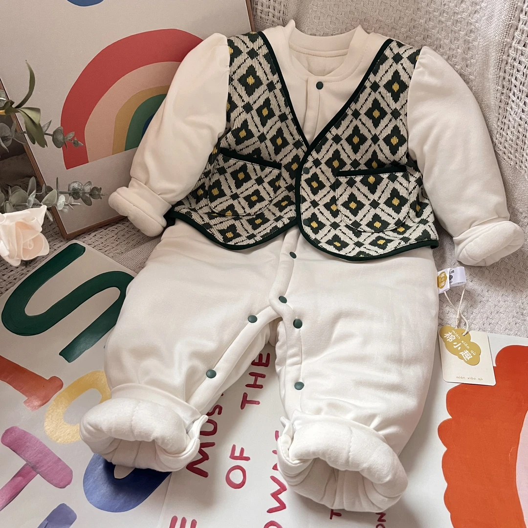 针织连体200克棉花衣复古婴幼儿宝宝闭裆提花重工泡泡袖春款