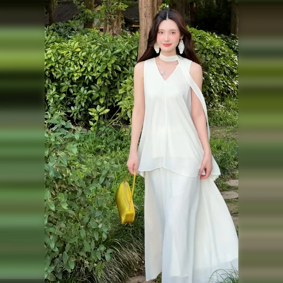 法式高级感白色吊带连衣裙女夏季2025新款大方得体巨好看一整套装