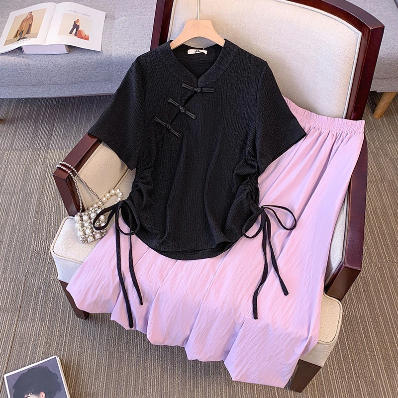 300斤特大码女装胖mm个性抽绳短袖T恤灯笼半身裙套装夏季显瘦新款