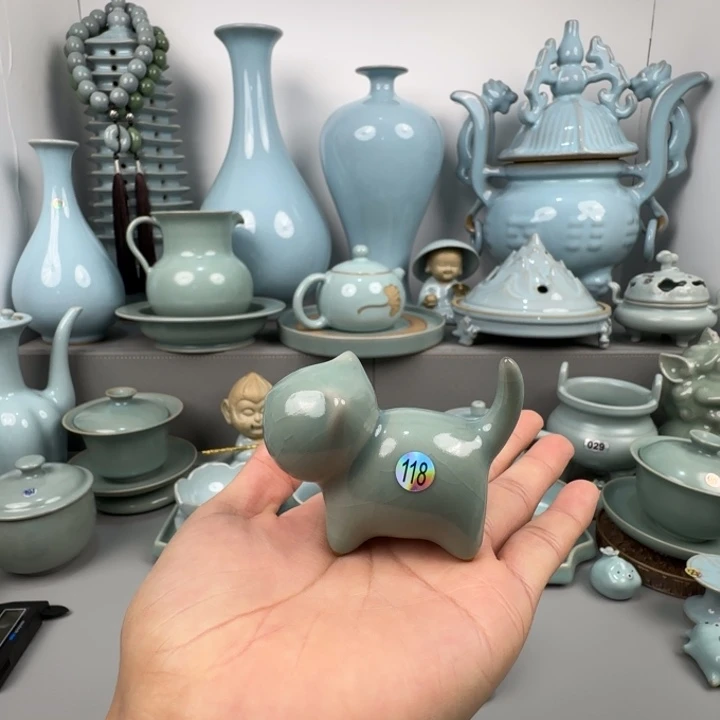 摆件汝瓷茶宠小猫咪圈足烧仿古釉