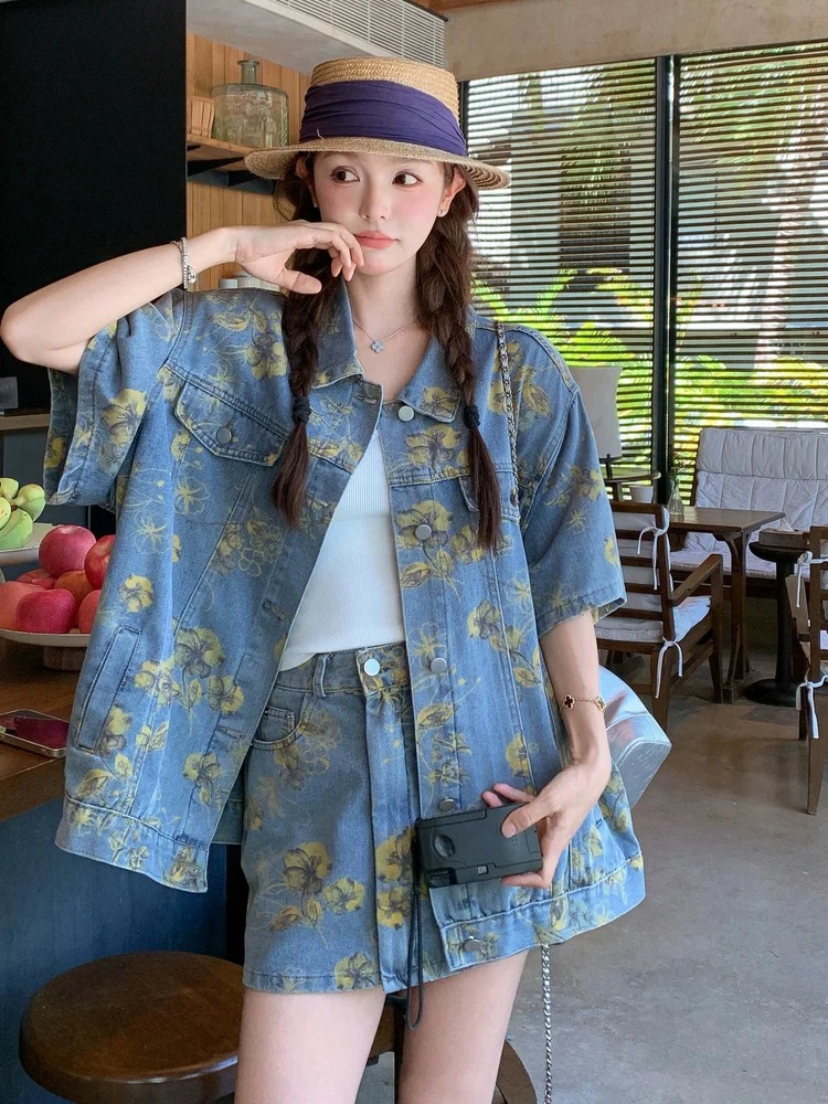 夏季港风复古小个子减龄印花套装休闲牛仔开衫上衣➕短裙两件套
