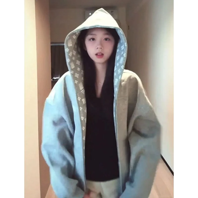 美式复古印花拼接设计感连帽卫衣女秋冬新款宽松学院风开衫外套潮