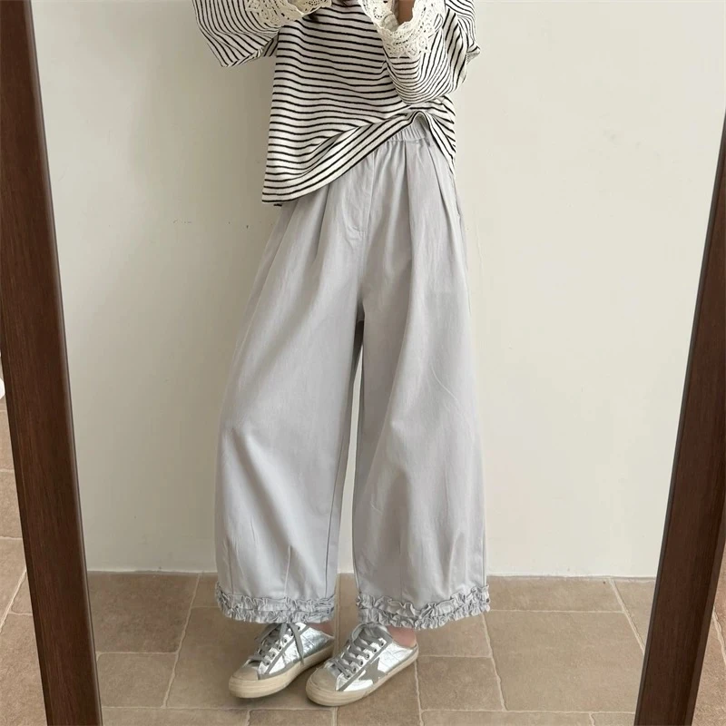 2025早秋新款花边阔腿裤女韩系宽松百搭松紧腰直筒简约休闲九分裤