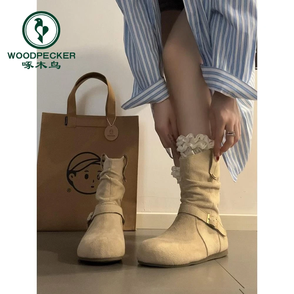 啄木鸟小众内增高靴子女秋2025新款套筒堆堆短靴美拉德超火马丁靴
