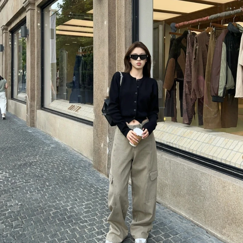 轻熟性感露腰百搭黑色长袖针织开衫上衣高腰垂感休闲宽松工装套装