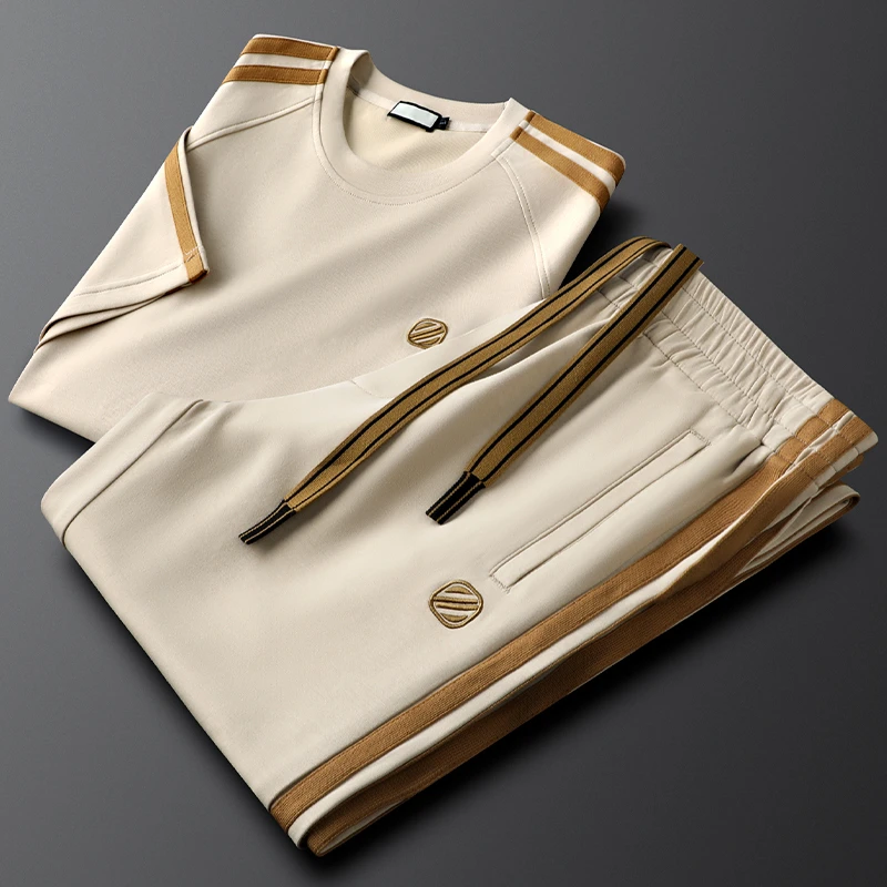 费维莫尔侧条纹轻薄棉短袖T恤休闲运动套装男修身小脚男士卫裤