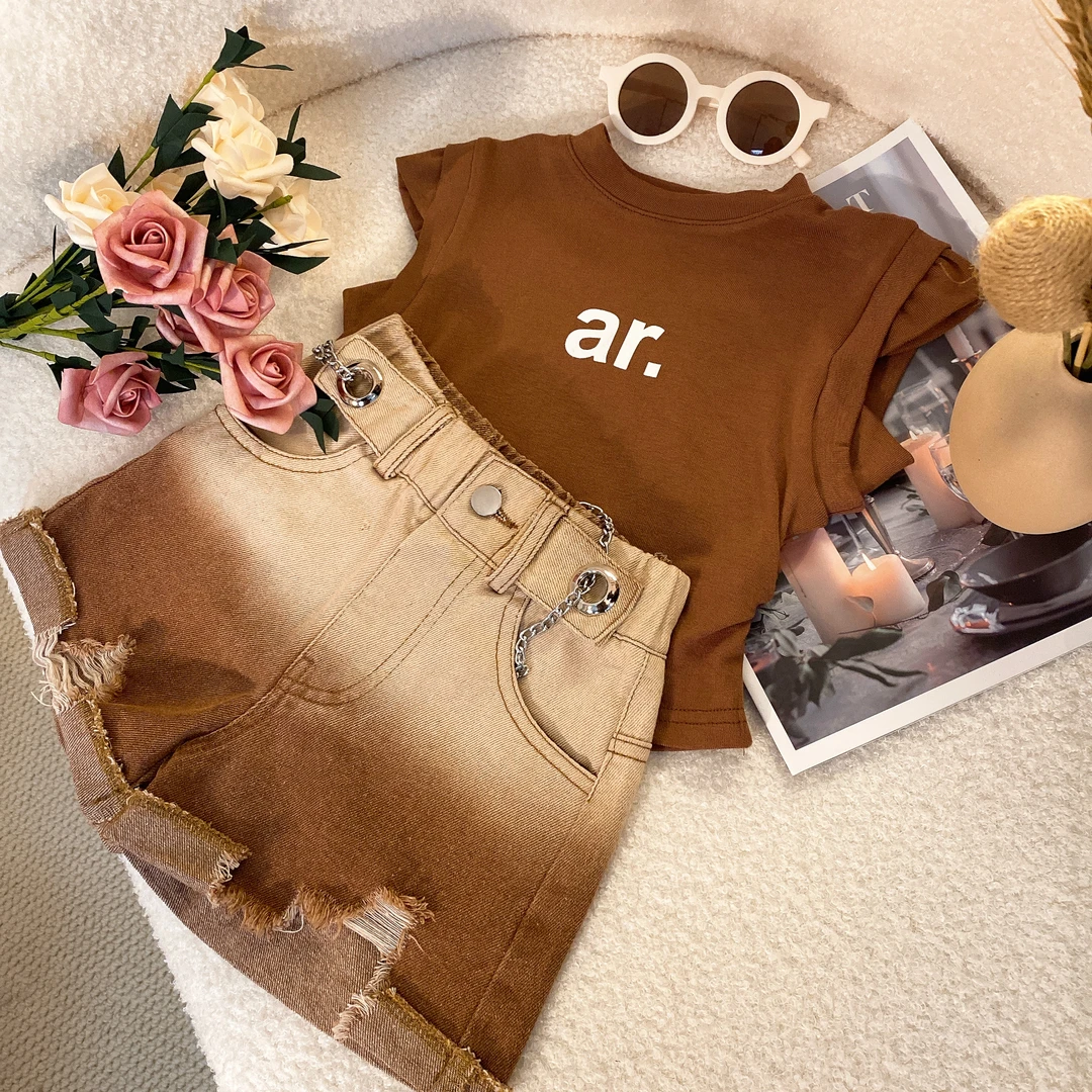 YH【悦禾】女童美拉德休闲套装小飞袖上衣格子短裙裙裤两件套8141