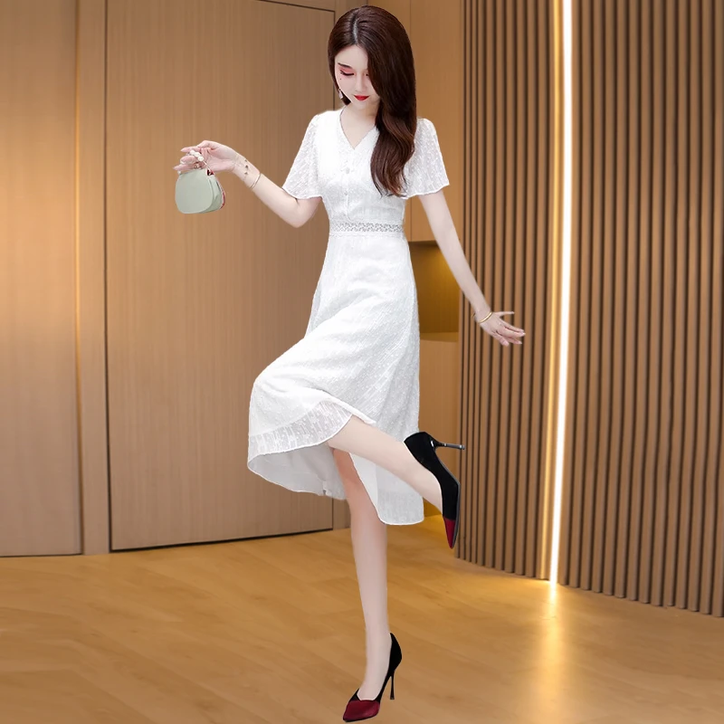 白色雪纺连衣裙女2025夏季新款漂亮小个子十三行高端品牌旗袍裙子