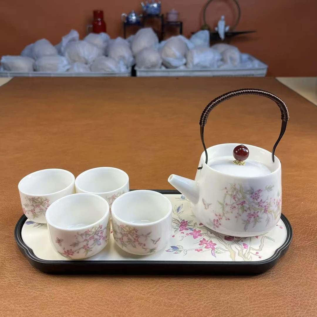 桃花提梁壶四杯+桃花茶盘-0699