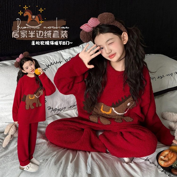 女童睡衣冬季2025新款儿童半边绒家居服女大童红色加厚珊瑚绒套装