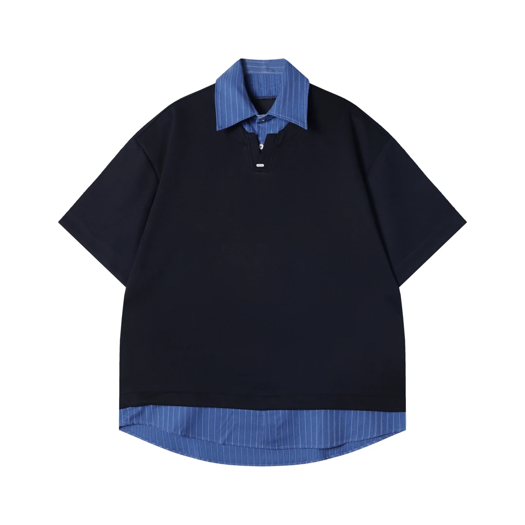 夏季高级感新款假两件条纹短袖polo领短袖T恤百搭情侣宽松上衣