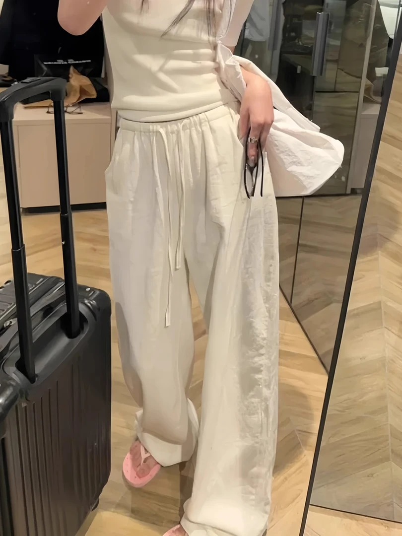 白色亚麻阔腿裤女2025新款大码胖mm显瘦夏日松弛感裤子垂感棉麻裤