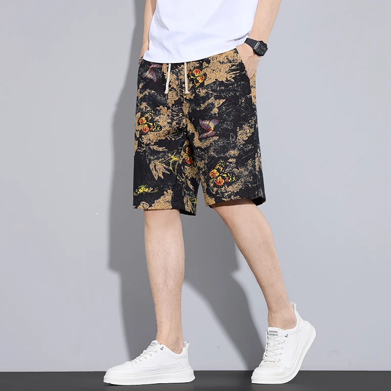 潮牌夏季百搭中性丰短裤男士大码沙滩五分裤印花复古国风时尚中裤