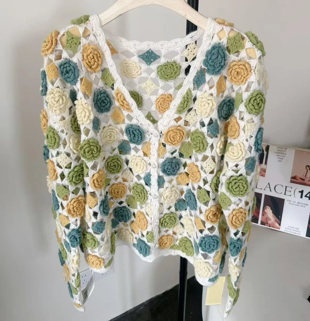 【俩月羊绒】轻奢254146-100山羊绒重工高定拼色手工玫瑰花针织开衫