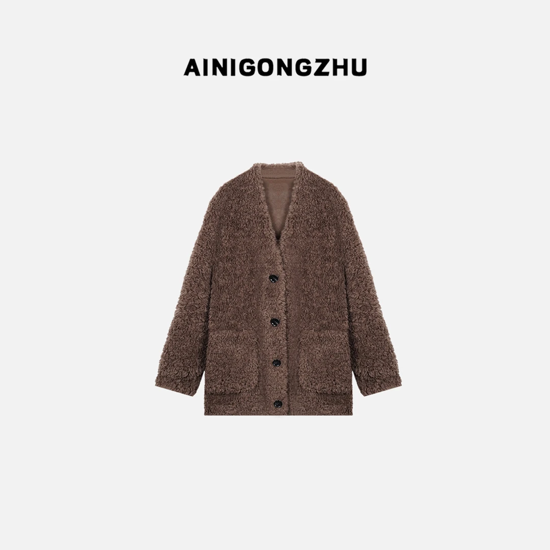 AINIGONGZHU/艾妮公主-冬季新款气质V领时尚休闲羊毛百搭外套2216