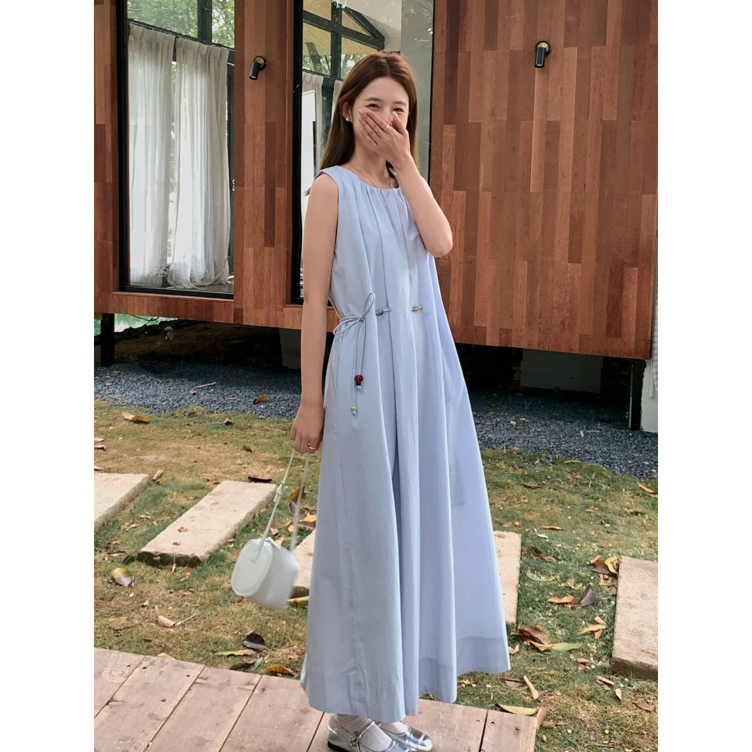 哥弟阿玛施正品老钱风穿珠绳腰带款收腰气质连衣裙女2025年夏季圆