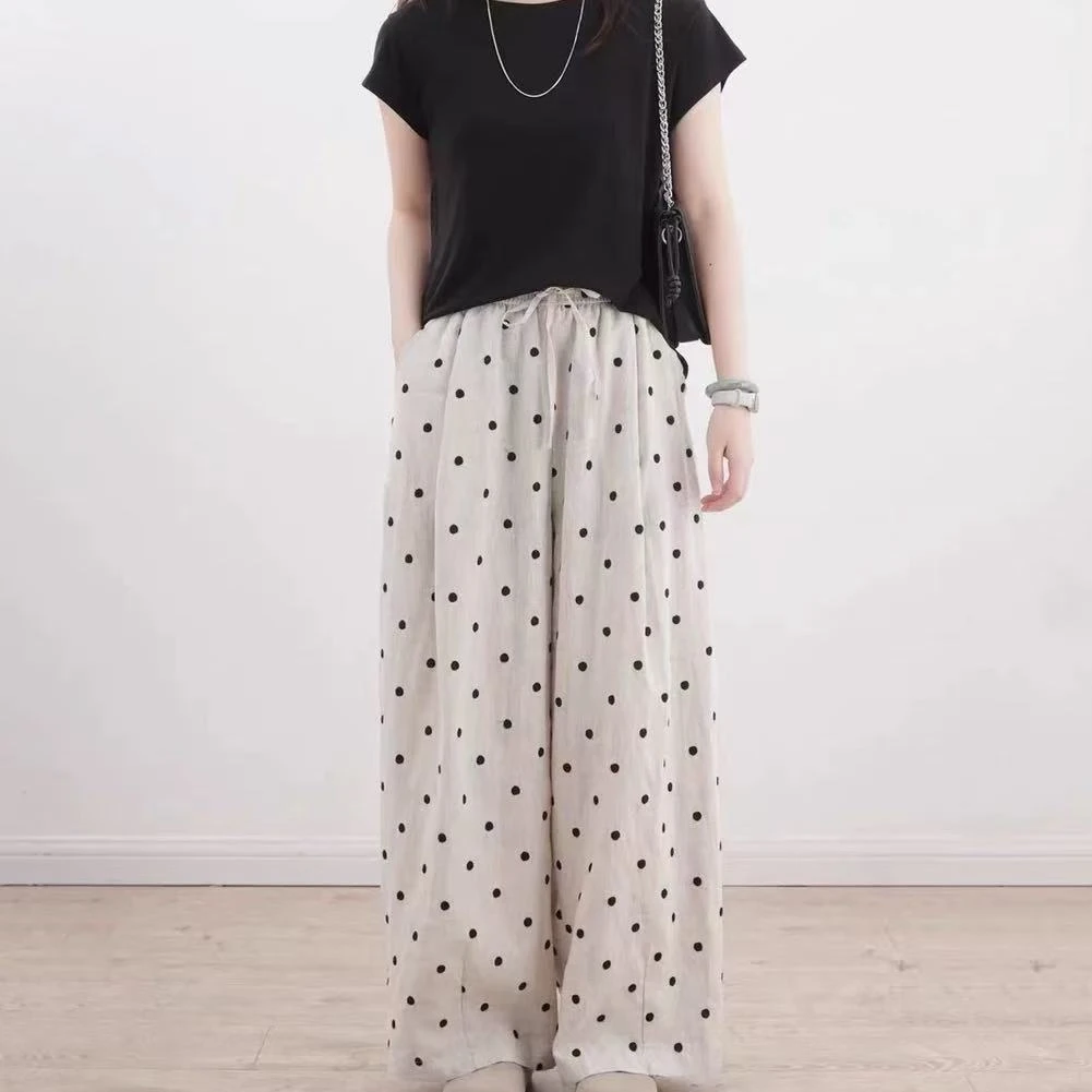 2025夏季新款韩版百搭亚麻波点松紧腰系绳休闲直筒九分阔腿裤女