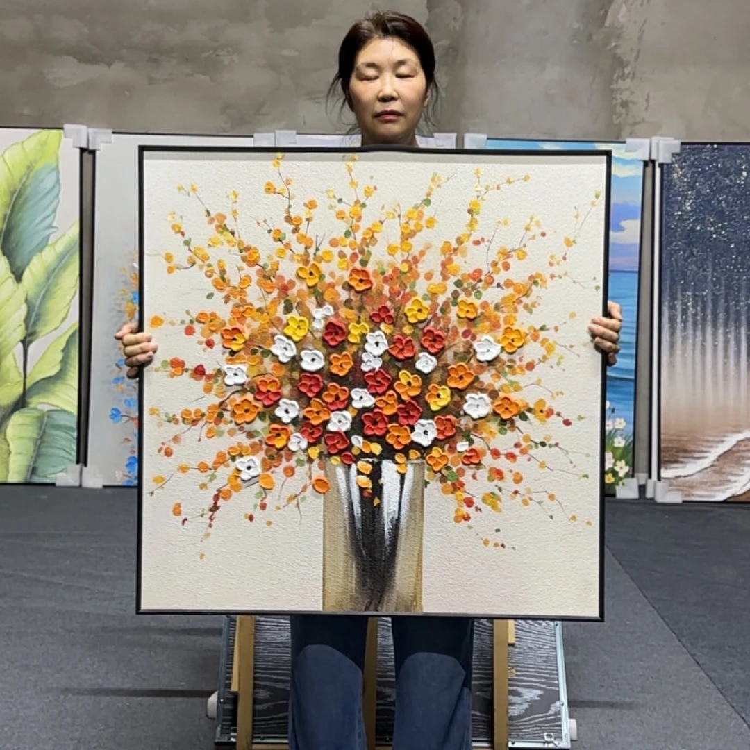 【黄金花束】手绘立体肌理油画餐厅客厅装饰画走廊挂画8080