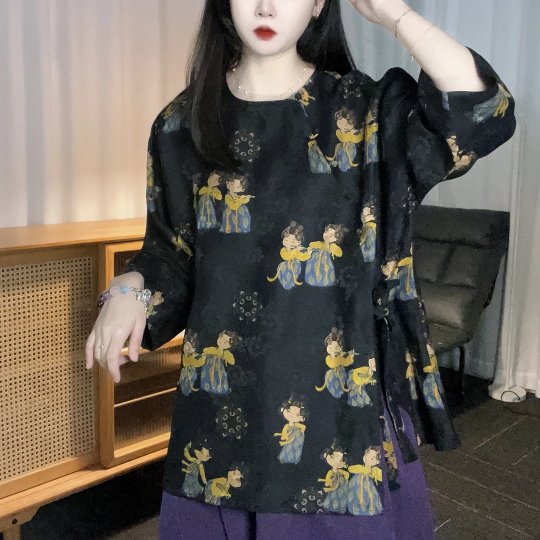 黑唐人上衣女全蚕丝香云纱毛衫