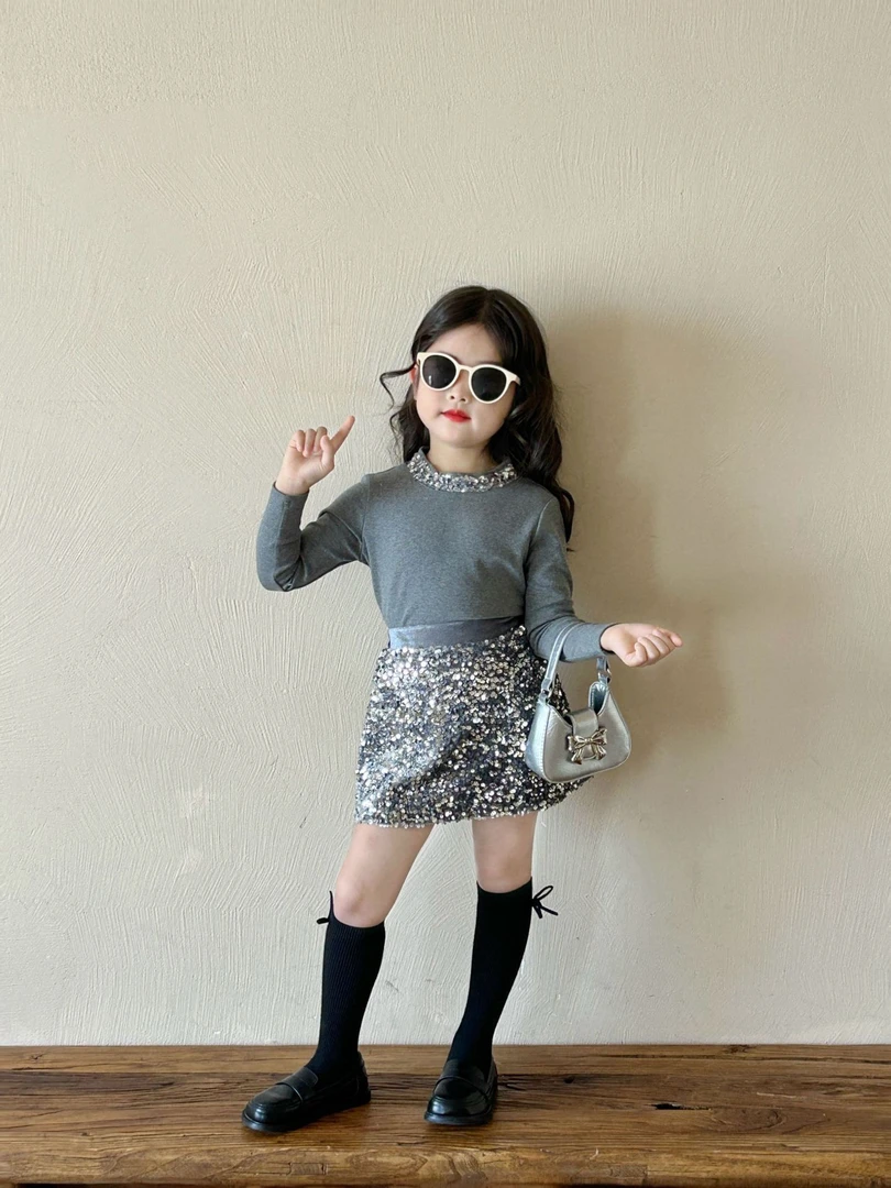 女童2025新款童装春款针织亮片T恤 包臀半裙名媛风气质百搭女童