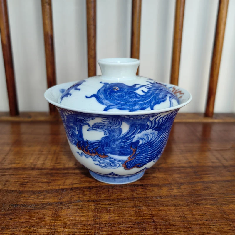 自成堂柴窑青花龙凤呈祥两才盖碗元宝器型泡茶大盖碗外凤内龙二才