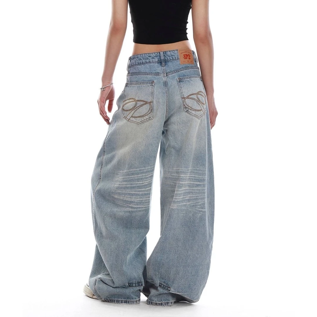 2025口袋刺绣美式复古辣妹弯刀牛仔裤水洗做旧刺绣宽松阔腿裤