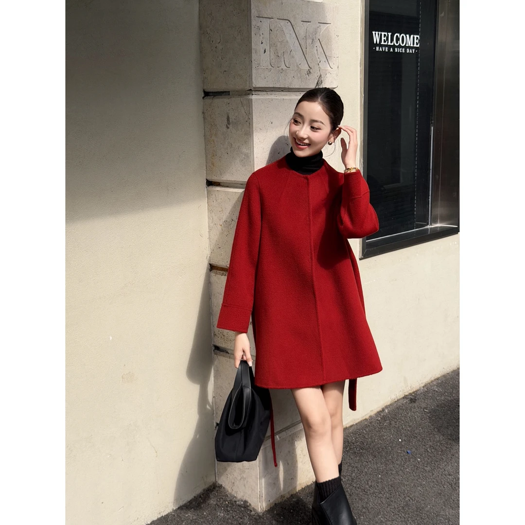 斗篷款双面羊毛大衣女冬季加厚宽松小个子A字红呢子外套新年礼服