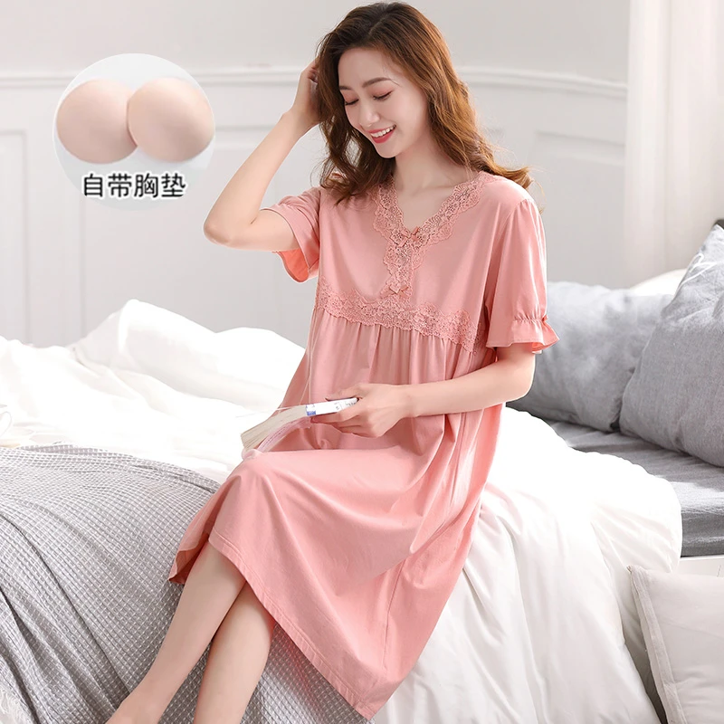 自带胸垫莫代尔睡裙女夏季短袖中长款睡衣薄款冰丝大码棉绸连衣裙